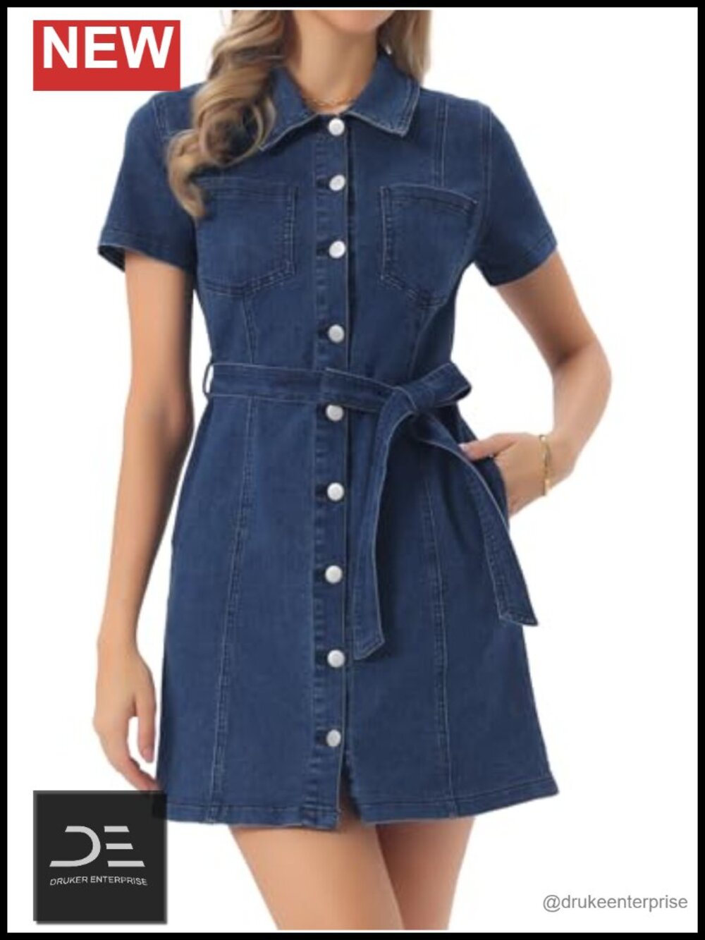 Short Sleeve Button Down Denim Shirt Dress Mini A-Line